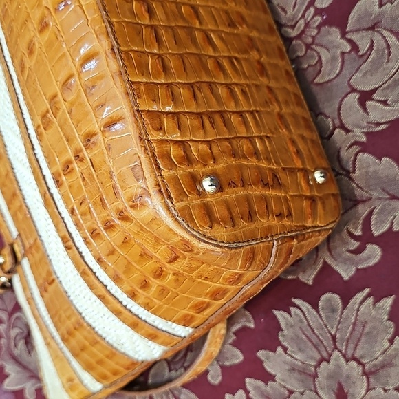 Brahmin Mini Asher Whiskey Stripe Raffia Tan and Cream Leather Tote Bag - Picture 9 of 14